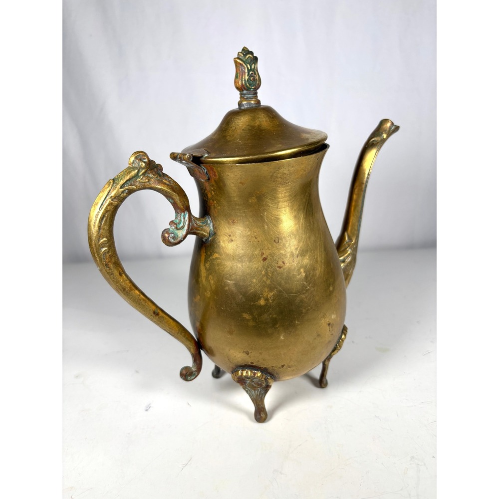 Vintage Brass Coffee Pot Teapot Footed Ornate Hinged Lid Pitcher Decor - Picture 12 of 13